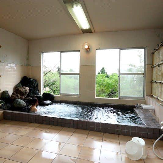 Ryokan Restaurant Donryu with a simple indoor bath beneath broad frosted windows.