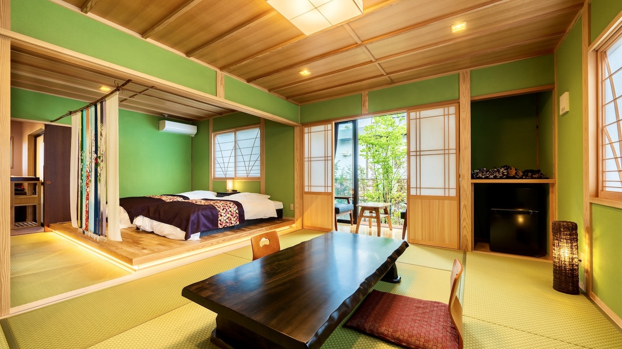 Japanese-style guest room with a low table.