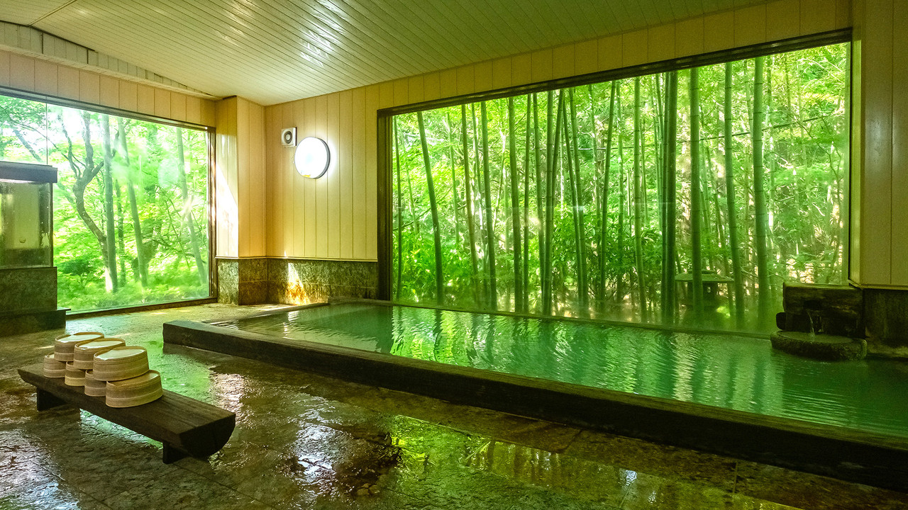 Indoor bath beside a bamboo grove.