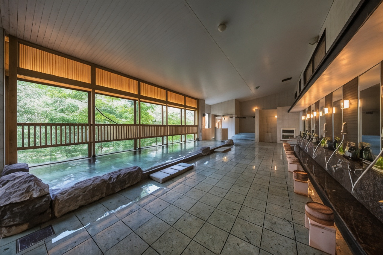 A long indoor bath with washing stations beside forest windows.