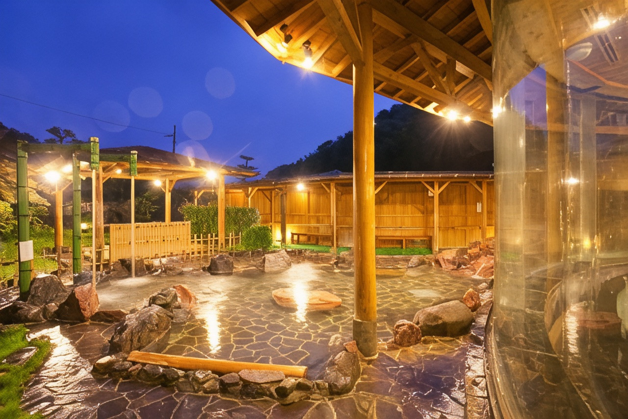 An outdoor rock bath under warm lighting at dusk.