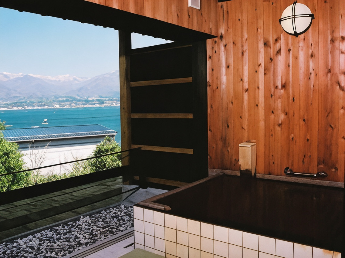 A wooden interior with a view of the water.