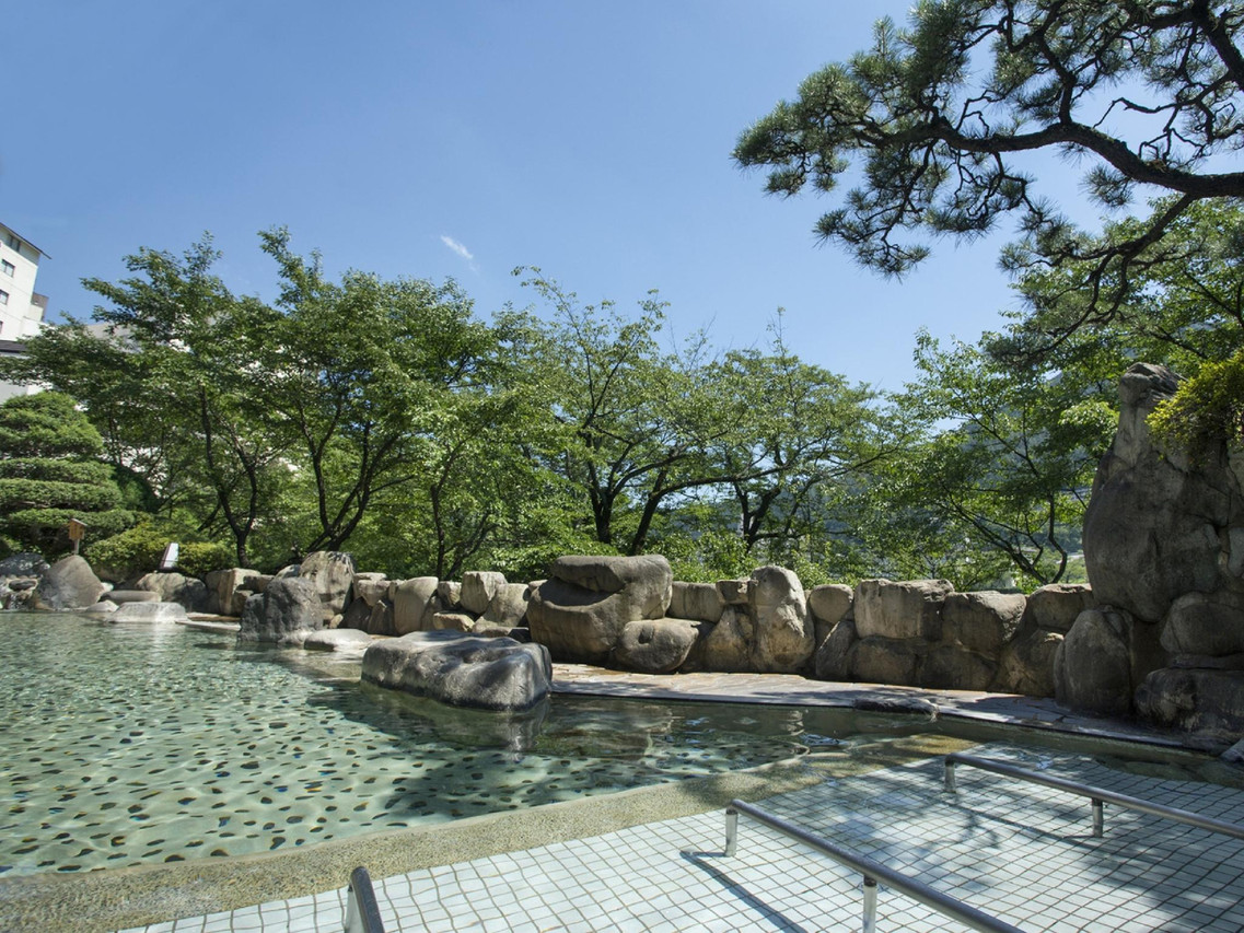 A rock-lined outdoor bath beside a garden.
