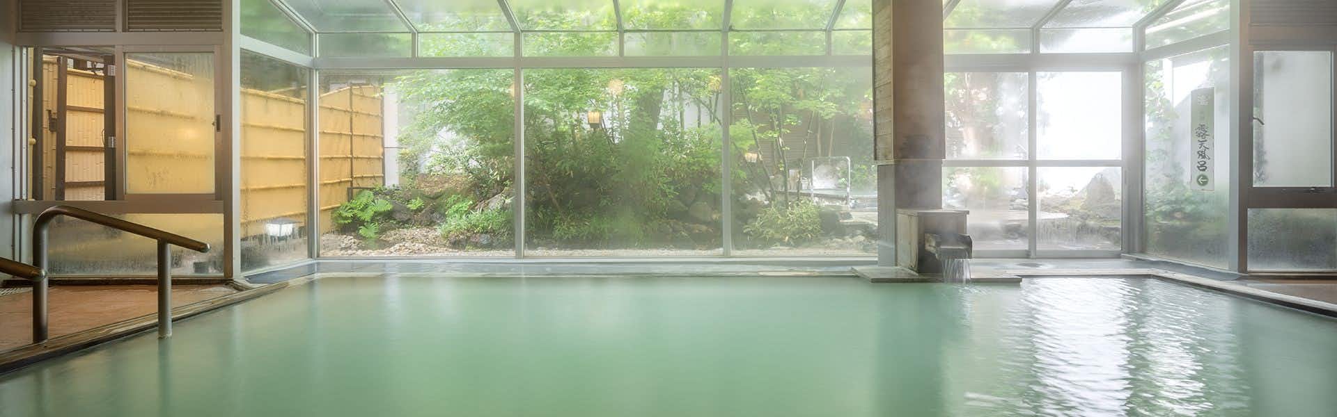 Adatara no Yado Ogiya with a bright indoor bath overlooking leafy trees through broad windows.
