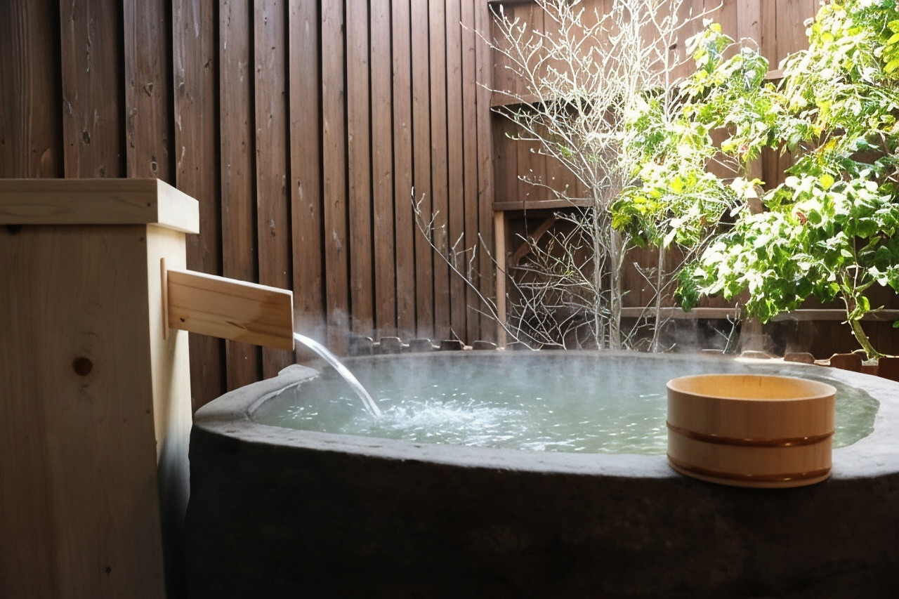 A stone-lined outdoor bath sits beside a timber wall.
