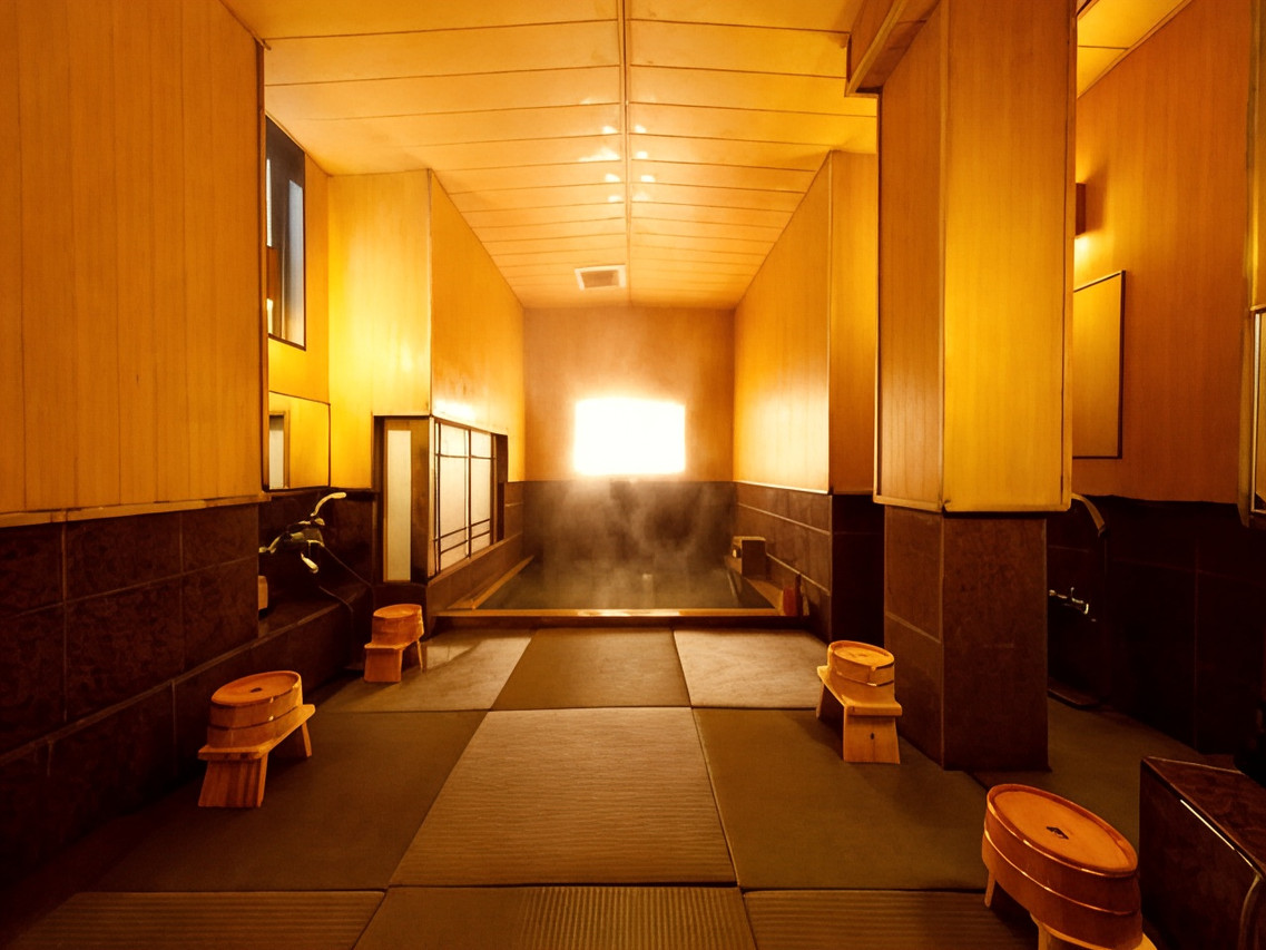 A warm wood-lined bathing room includes low stools and a broad basin.