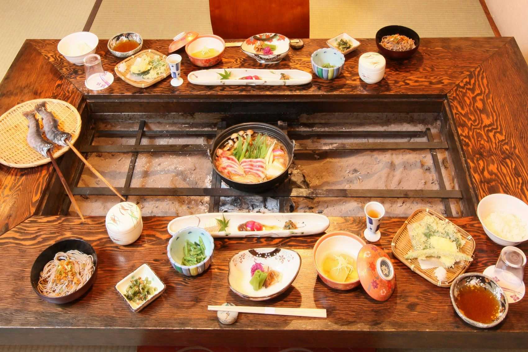 Sansuikan Shinano with a Japanese dinner arranged around a square sunken hearth.