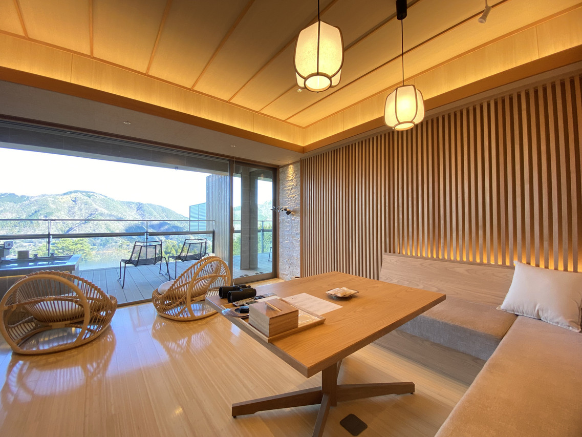 Japanese-style room with a low table and view.
