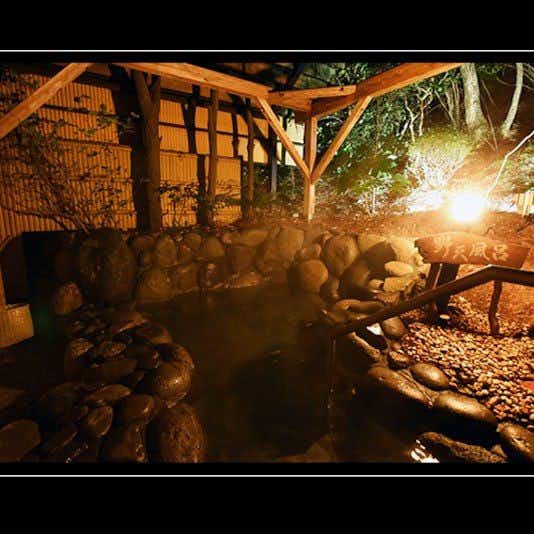 Small hot spring inn Mitaniya with an open-air stone bath glowing beneath trees at night.