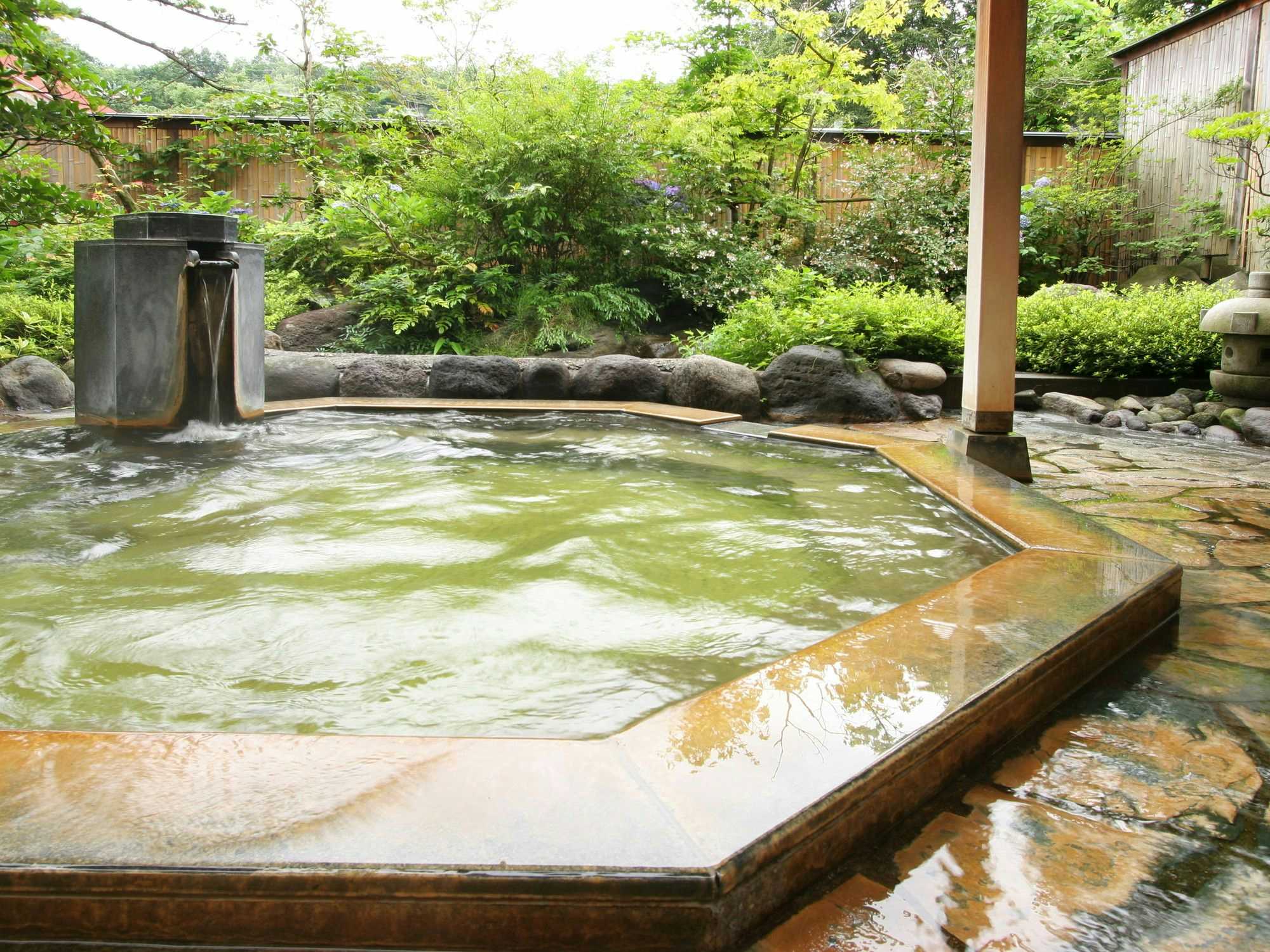 Bardenya Soho with a broad outdoor bath surrounded by stones and green garden foliage.