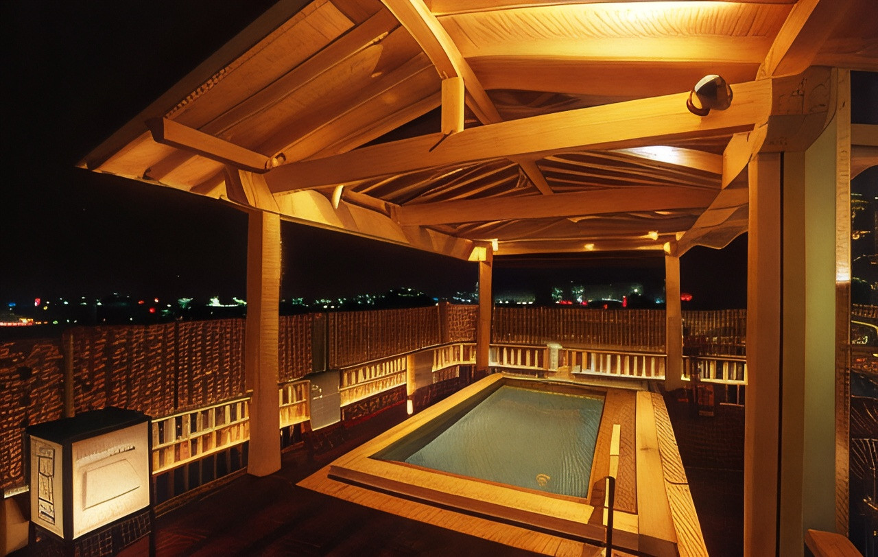 A covered bath terrace glows above a nighttime city view.