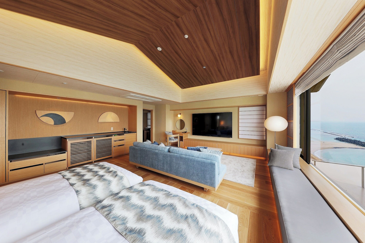 A lounge with a sea view.