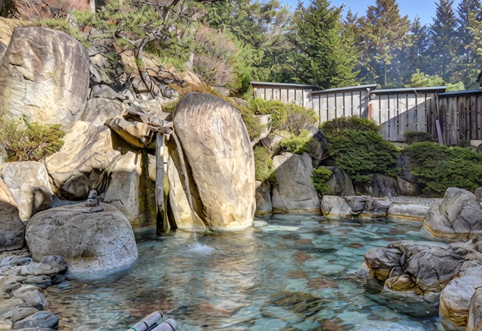 Rock-lined outdoor bath.