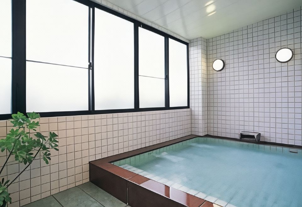 An indoor tiled bath beneath frosted windows.