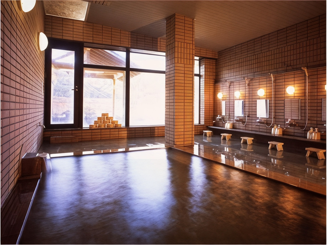 A wood-paneled washing area includes a row of mirrors.