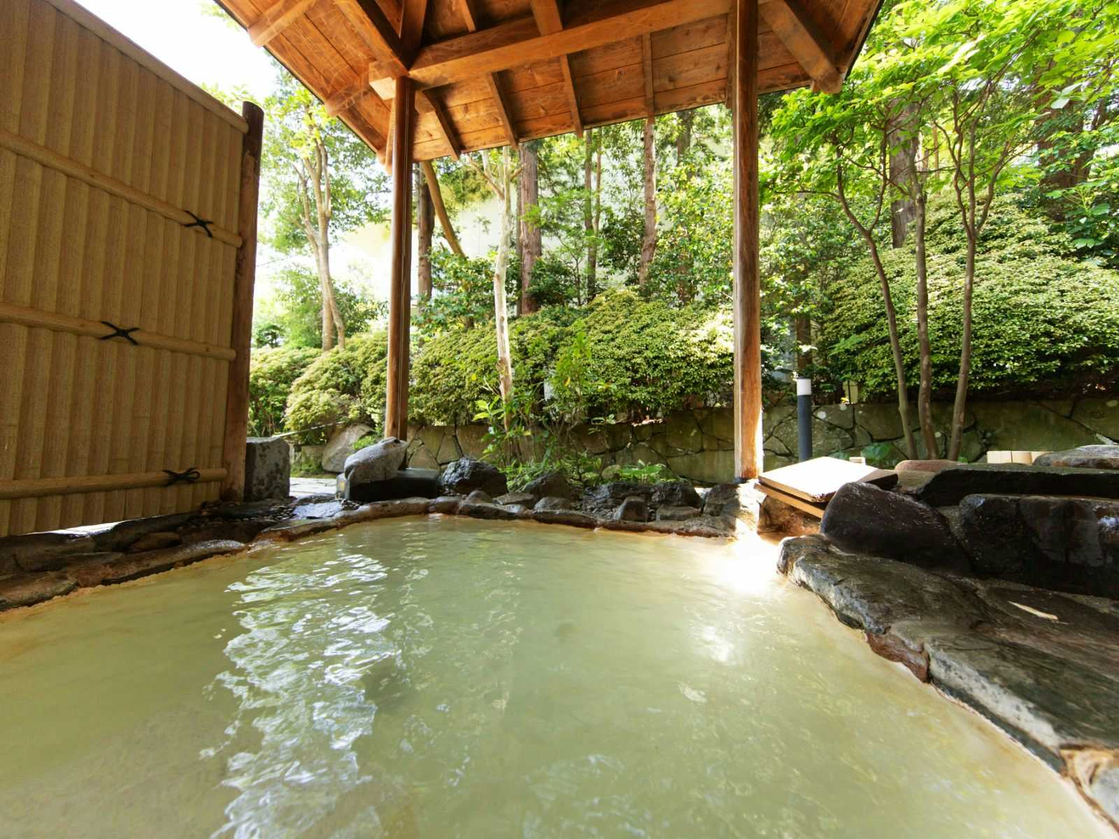 An open-air rock bath surrounded by dense forest greenery.