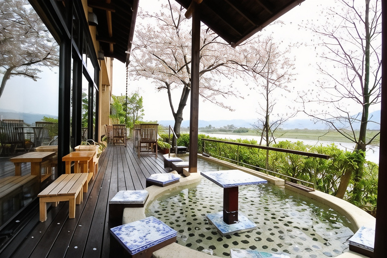 Open-air bath beside a garden view.