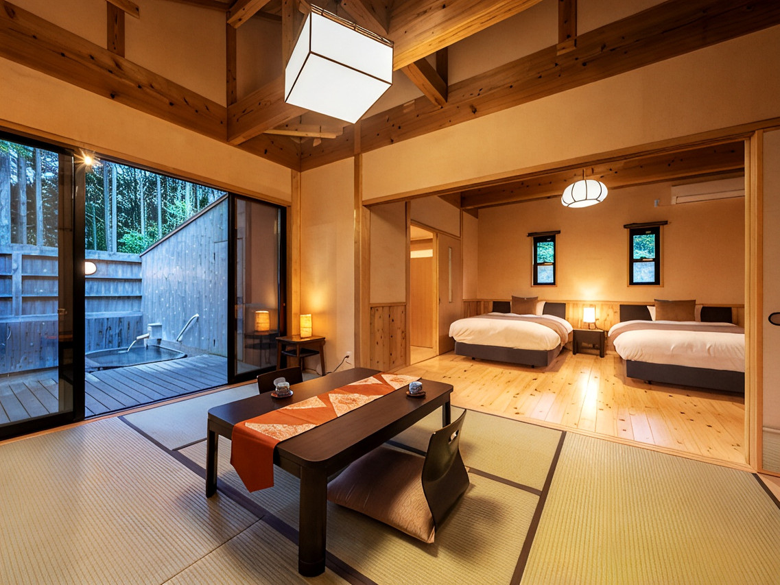 A bright room combines low seating, futons, and a small private outdoor bath.