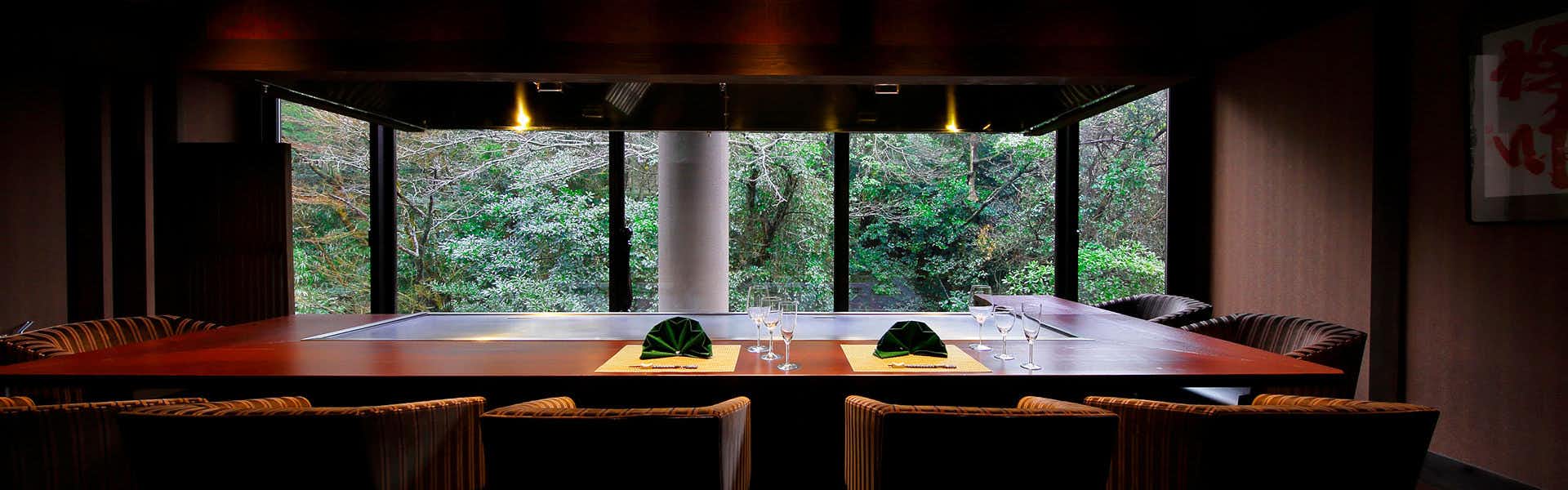 Unzen Onsen UnzenFukudaya with a timber dining counter facing tall green garden windows.