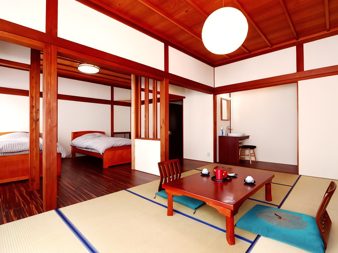 A bright room with beds and wood trim.