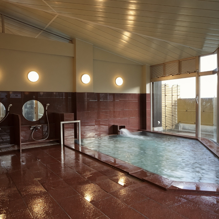 An indoor tiled bath with maroon walls and a row of showers.