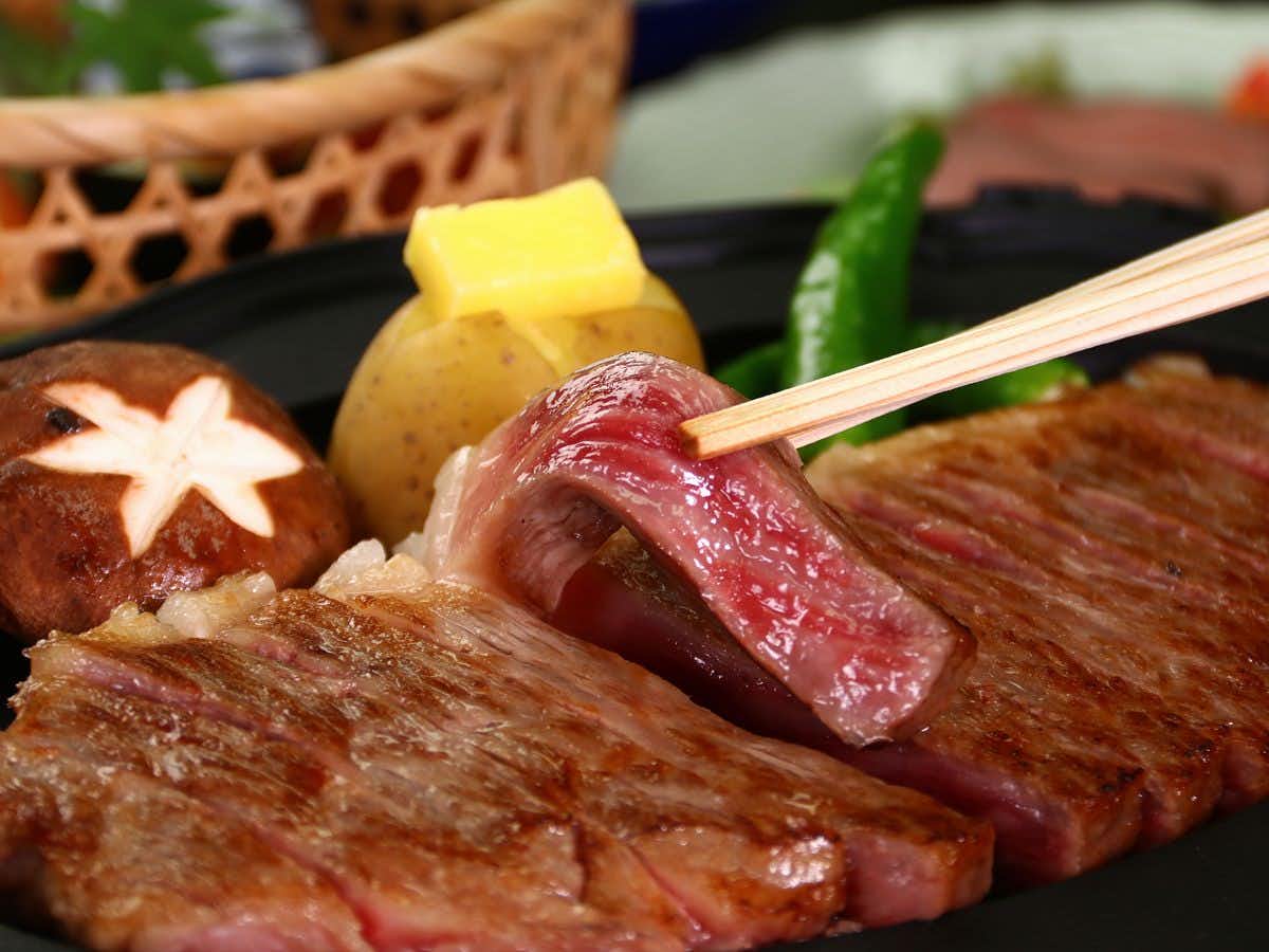 One Group Per Day Exclusive - Ryokan Restaurant Toshiyoshiya with grilled marbled beef served with mushrooms and vegetables.