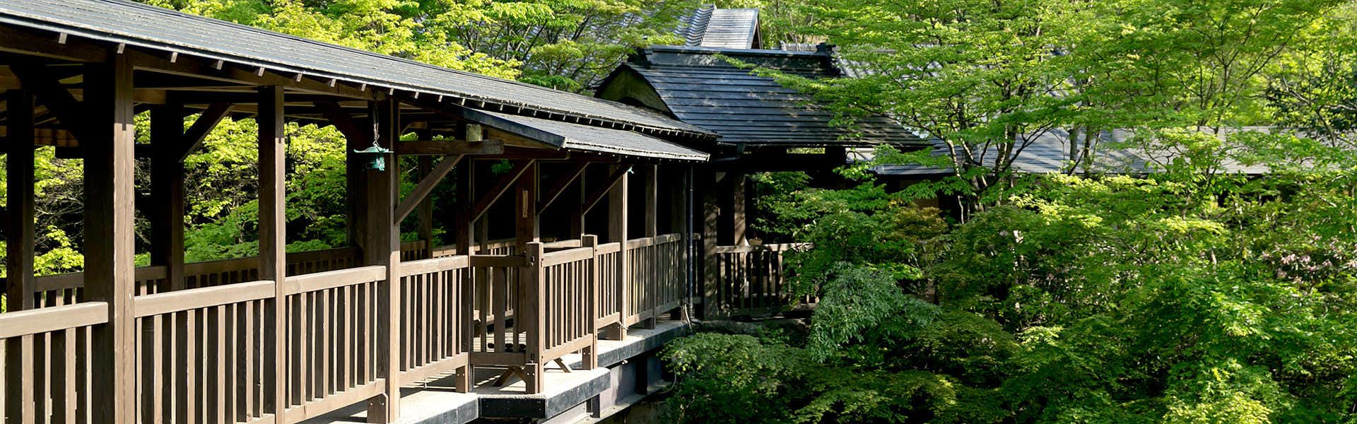 Kurokawa Onsen Yamabiko Ryokan with a covered timber walkway crossing the landscaped garden.