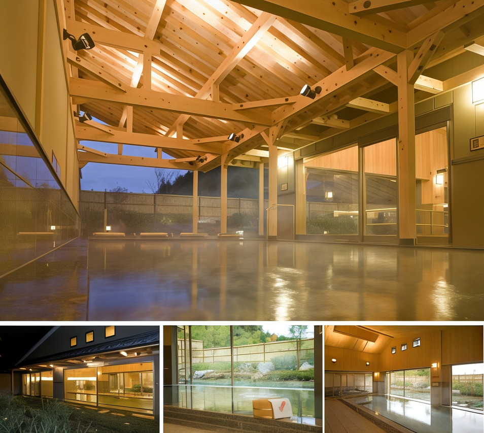 A spacious indoor bath reflects the timber ceiling and garden outside.