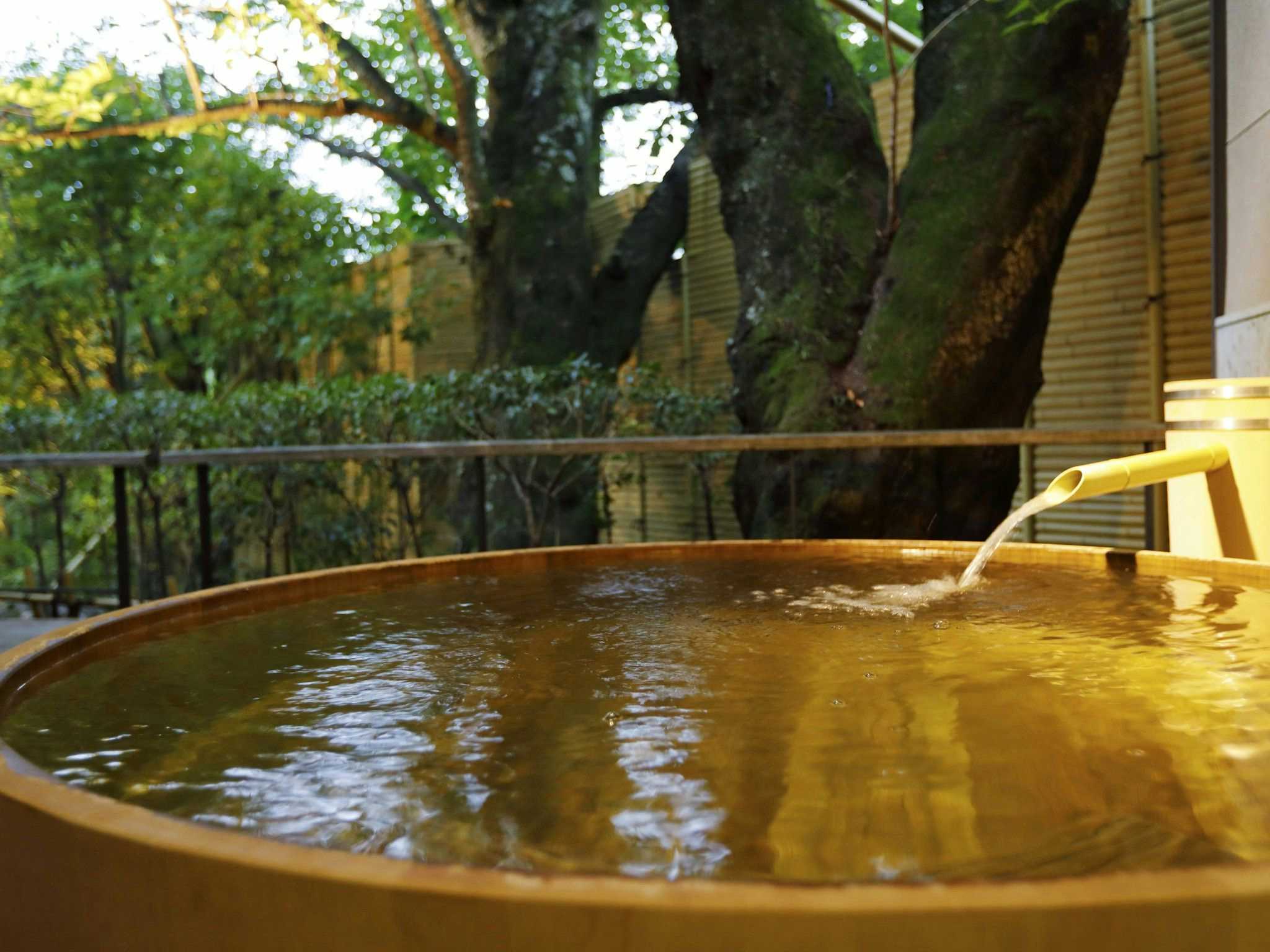 Yumeguri no Yado Yoshiharu large circular wooden tub with amber water, metal railings visible, mature trees overhead creating dense leafy canopy.