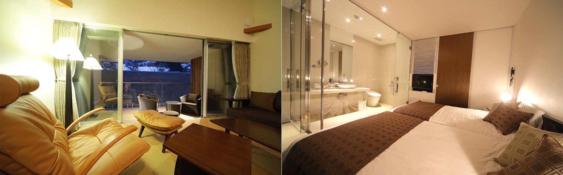 Shiki Yuzawa QUATTRO with this scene, where a low bed and glass-walled bath share a contemporary night-lit suite.