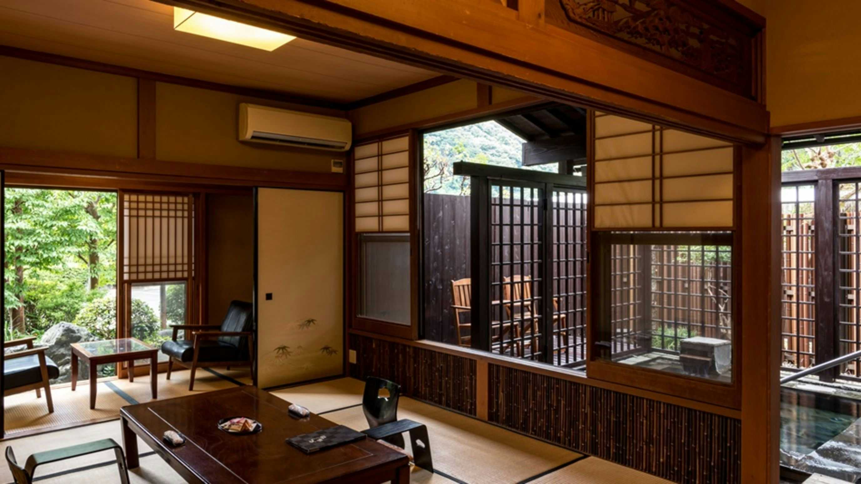 Kappo Ryokan Daishinkan Goku with a serene tatami guest room opening toward a leafy garden.