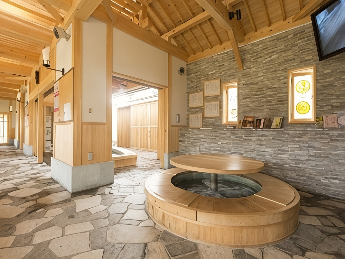 Indoor bath in a wooden hall.