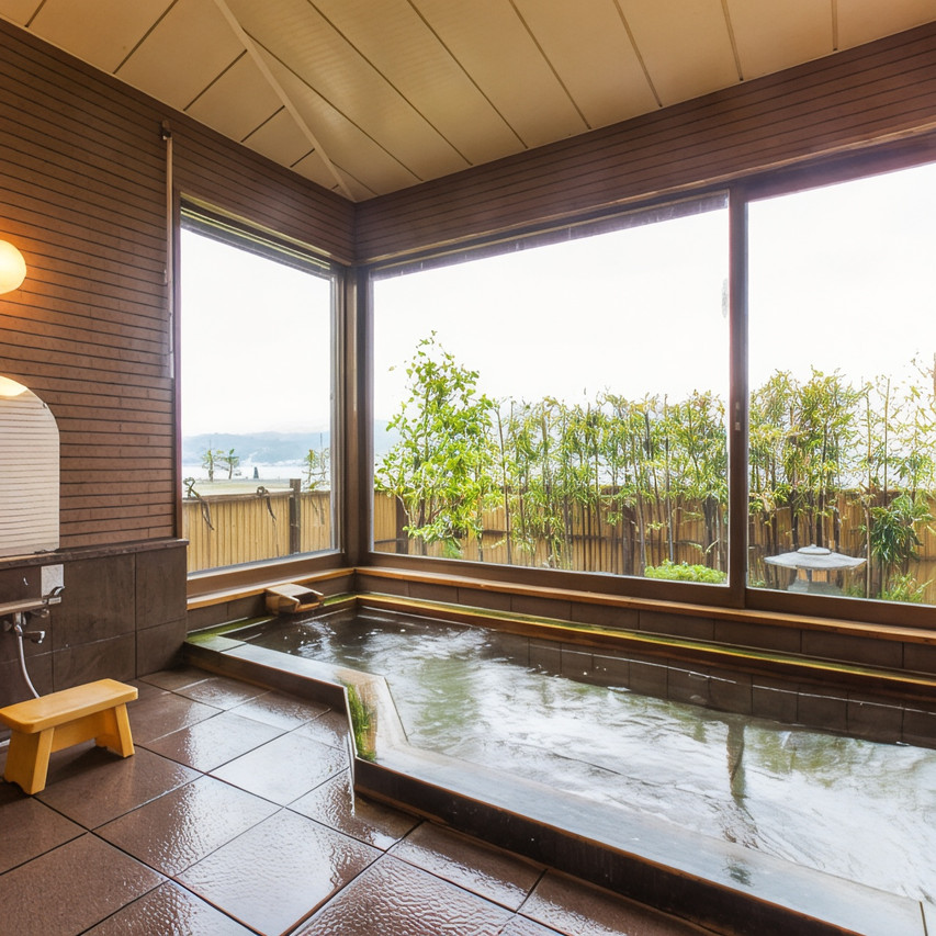 Bath with a window overlooking greenery.