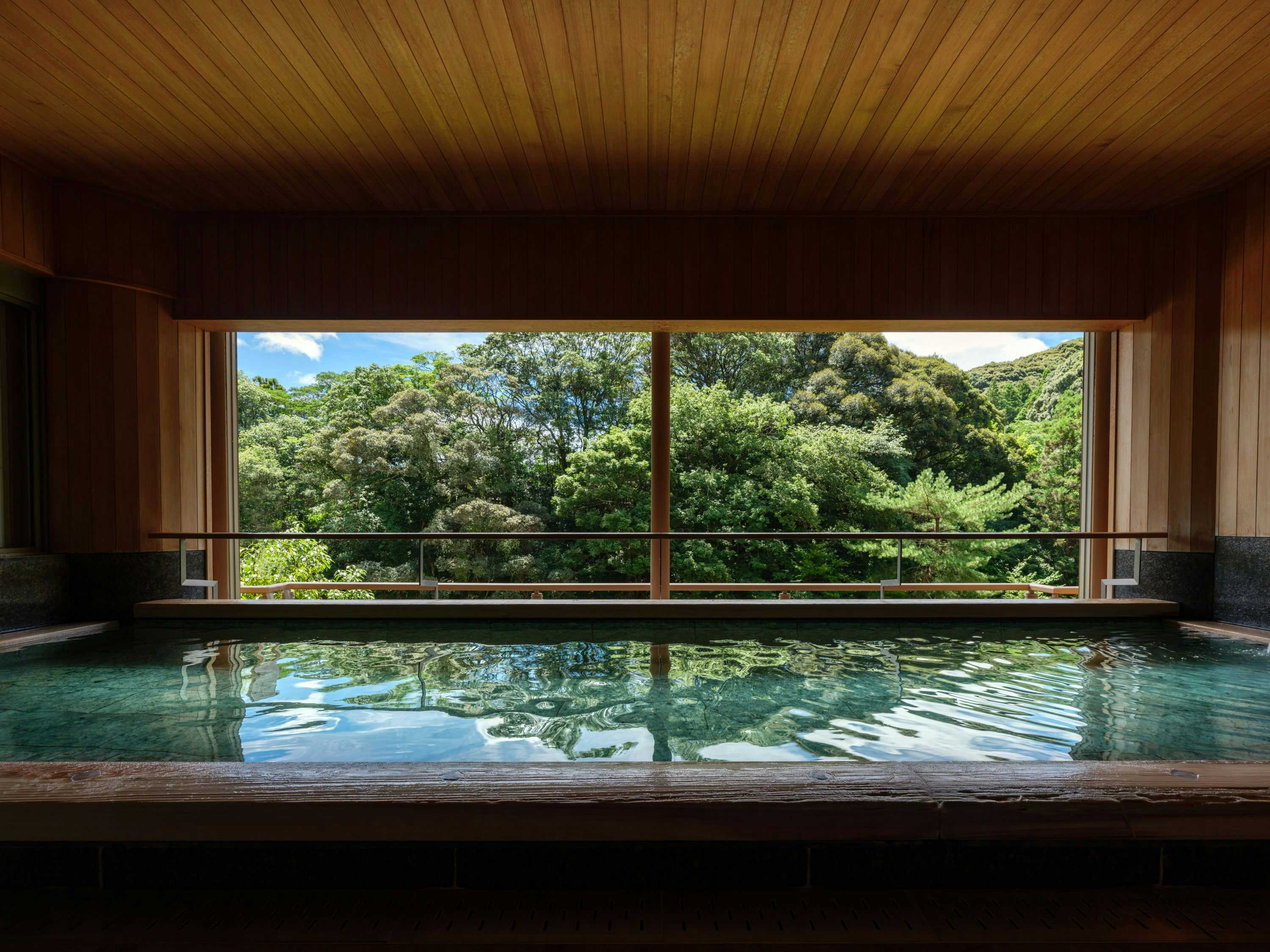 Otanisanso with this scene, where a broad indoor bath looks across leafy trees through a full-width window.