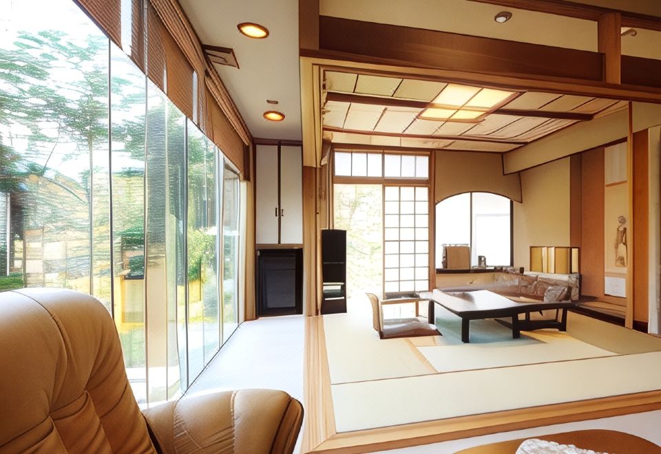 A Japanese guest room overlooking a garden.