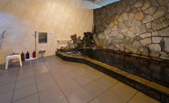 An indoor rock-edged bath beside a stone wall and washing area.