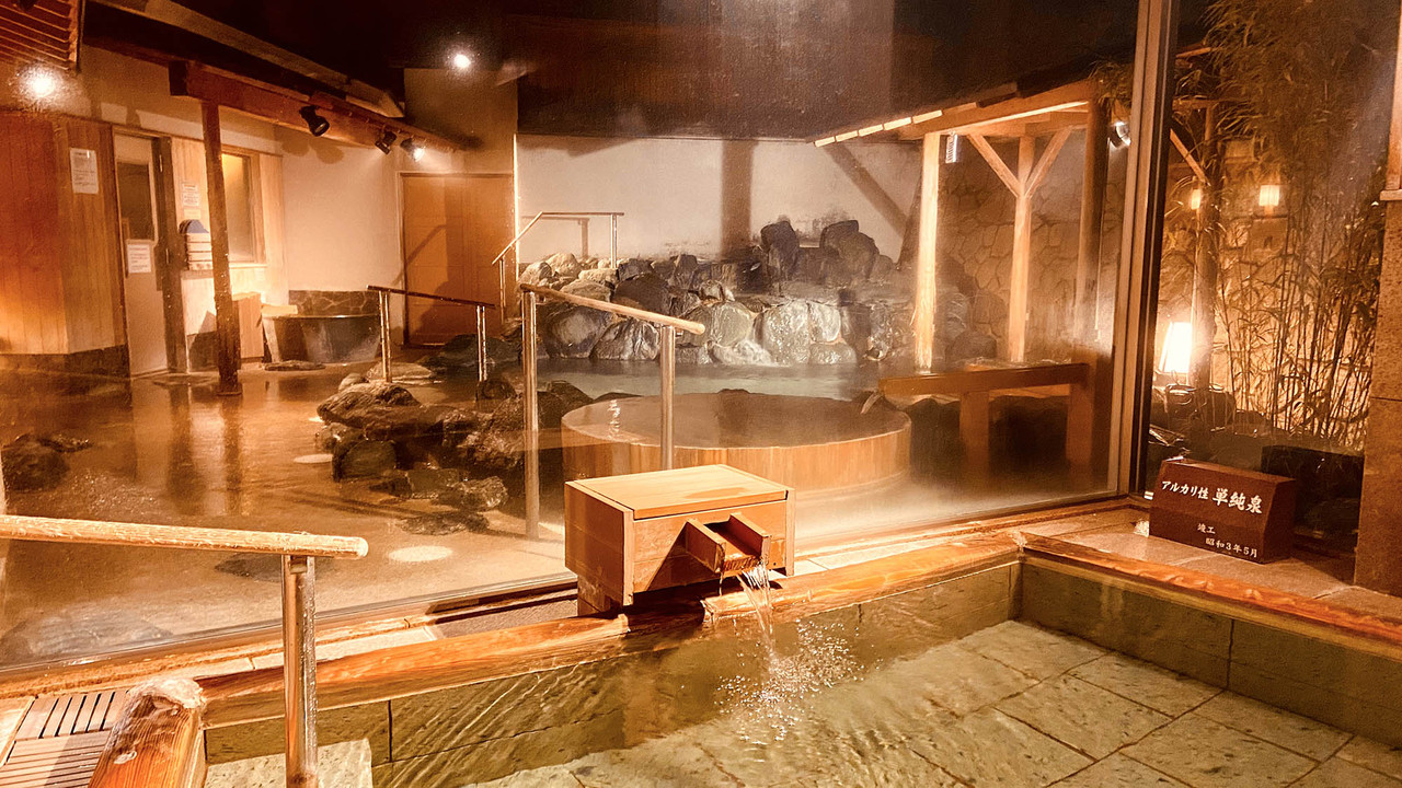 Indoor bath with a rock feature.