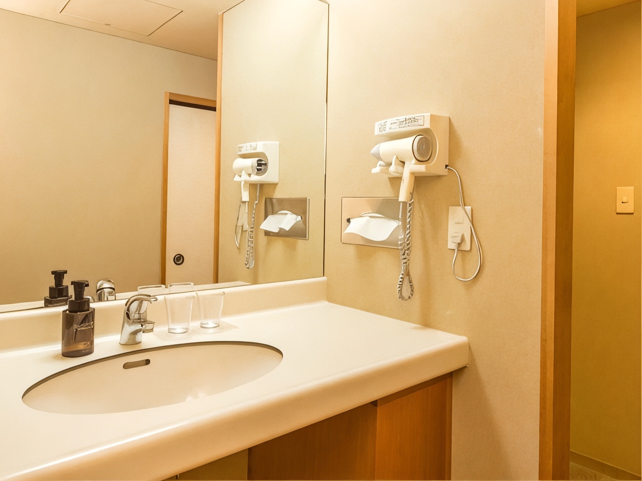 Bathroom vanity with sink and toiletries.