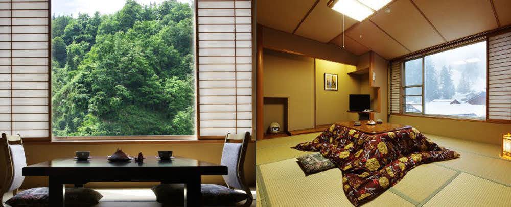 Hana to Hotaru Yunosato Yukiguni with a tatami room overlooking dense green woodland.