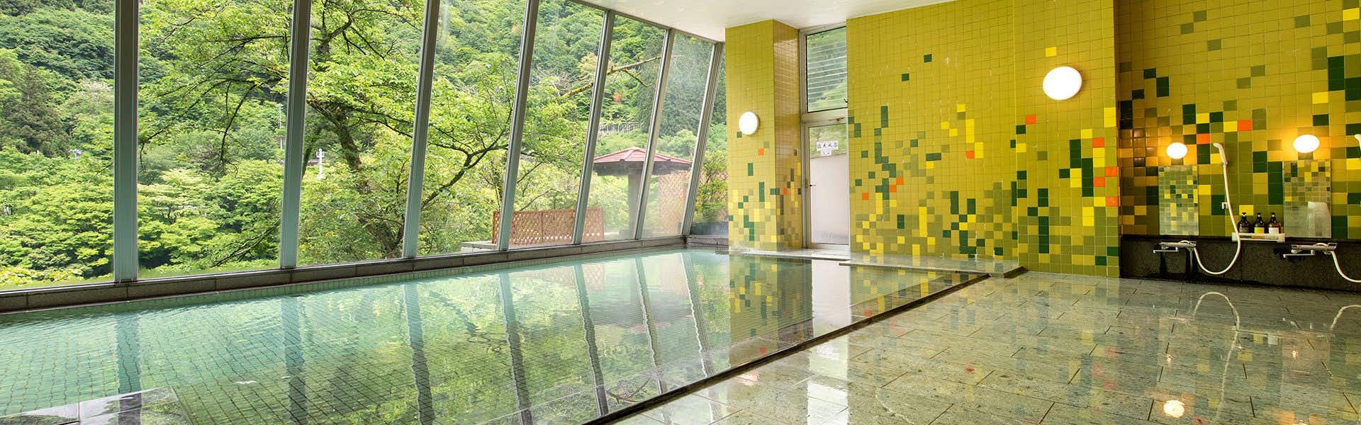 Hotel Kurobe with a panoramic indoor bath facing dense mountain greenery.