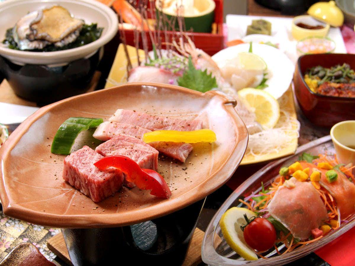 Ryumontei Chiba Ryokan with marbled beef and vegetables prepared for tabletop grilling.