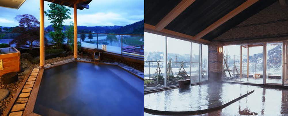Hana to Hotaru Yunosato Yukiguni with a cozy kotatsu room facing a snowy mountain view.