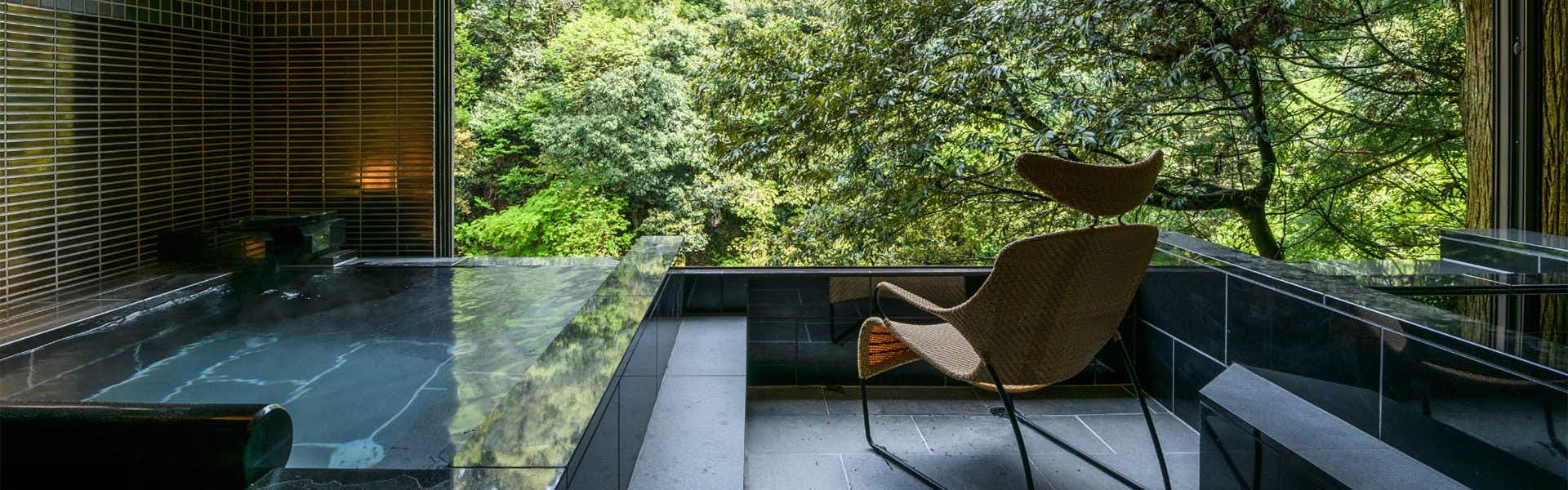 Shirasagiyu Tawaraya rectangular bath and lounge chair facing dense forest