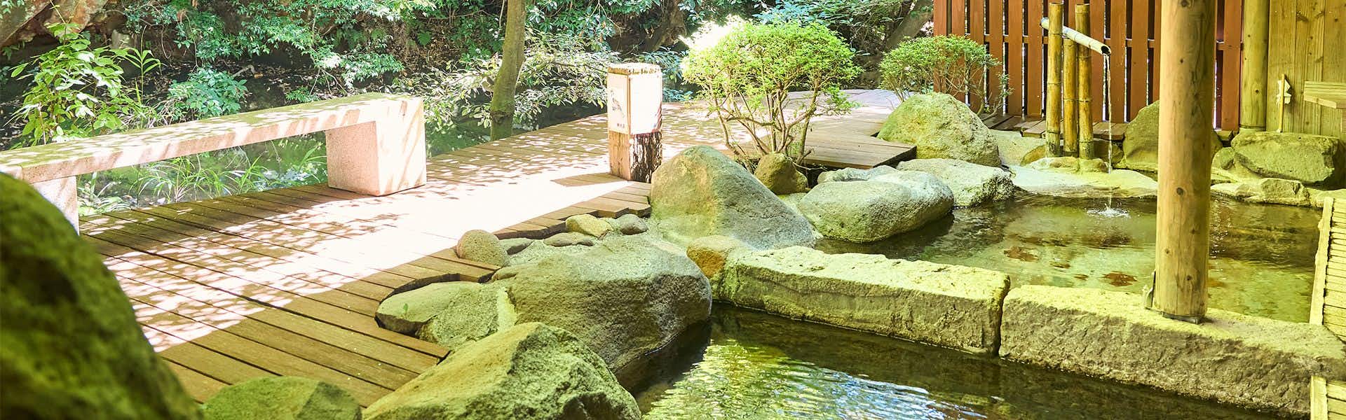 Kirishima Momiji Valley Seiryuso Outdoor garden with timber boardwalk, moss-covered boulders, bamboo fence, stepping stone arrangement, and visible water channel