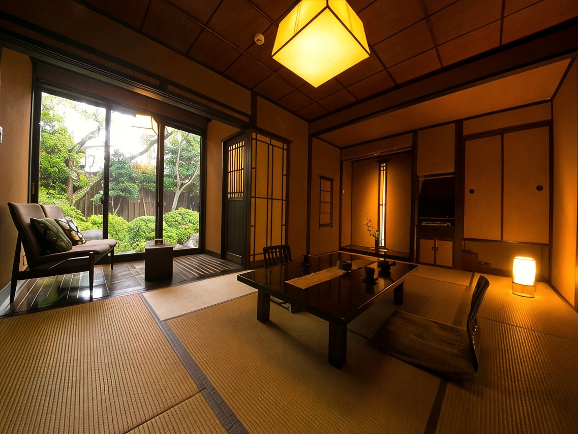 Tatami sitting room with a low table opening directly onto a garden.