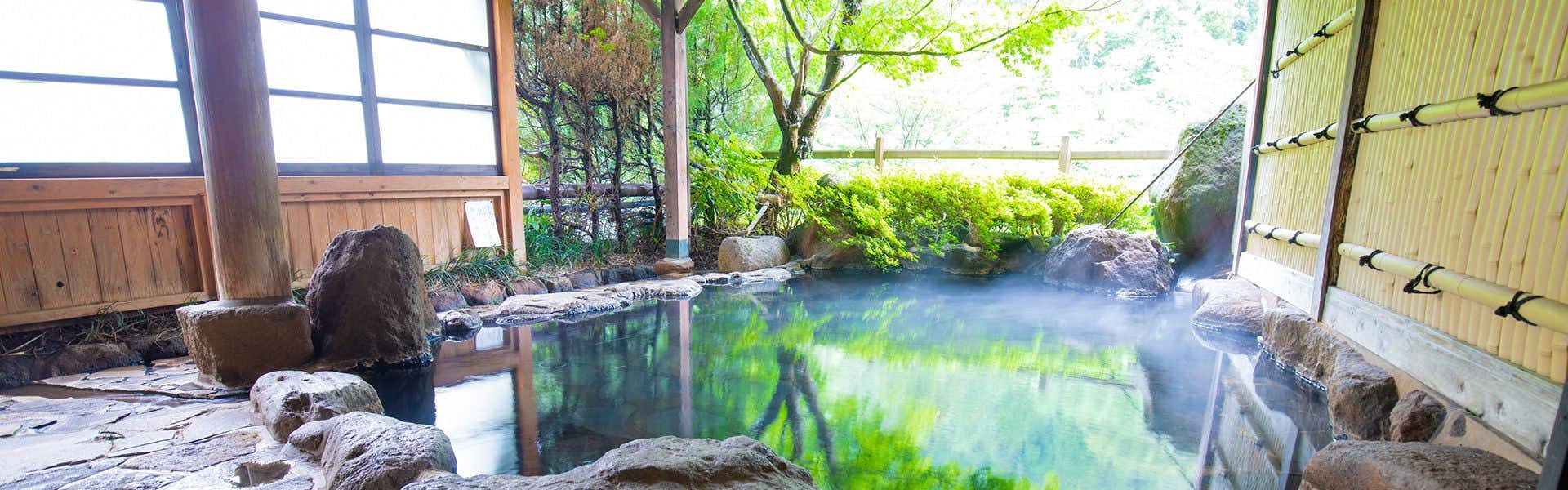 Ryokan Shirataki Outdoor bath setting with green-tinted water, rocky stone elements, wooden roof structure, windows with lattice frames and surrounding vegetation.