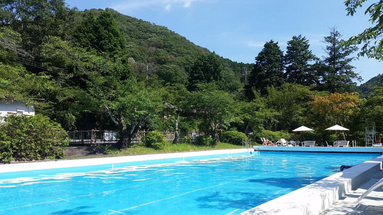 Outdoor swimming pool surrounded by trees.