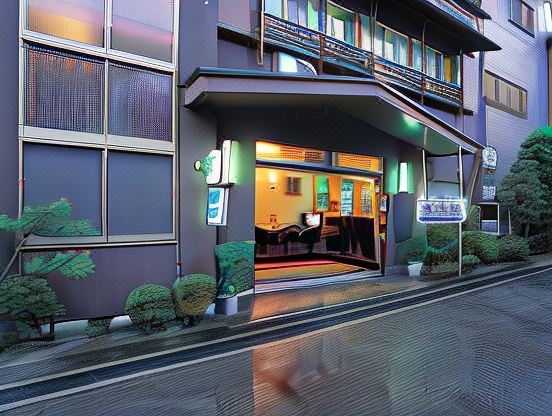 The ryokan entrance illuminated beside a wet street.