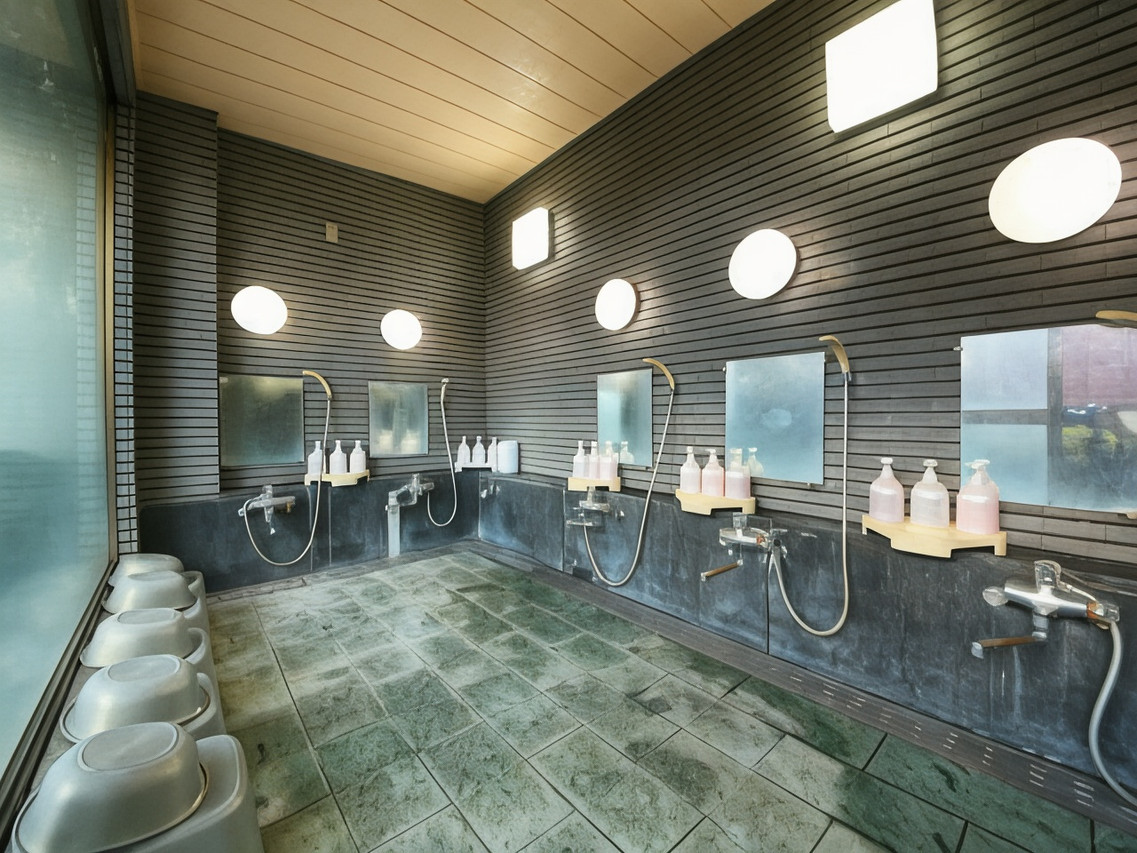 A tiled bathing room with multiple showers.