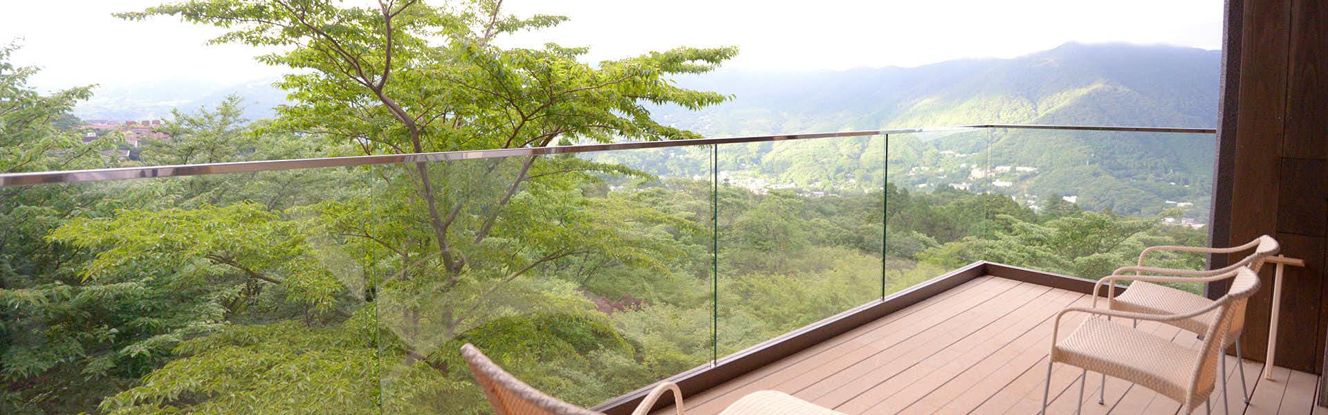 Hakone Gora Byakudan Wooden deck with glass railing, tree trunk in foreground, forested valley landscape extending to distant horizon, large windows.